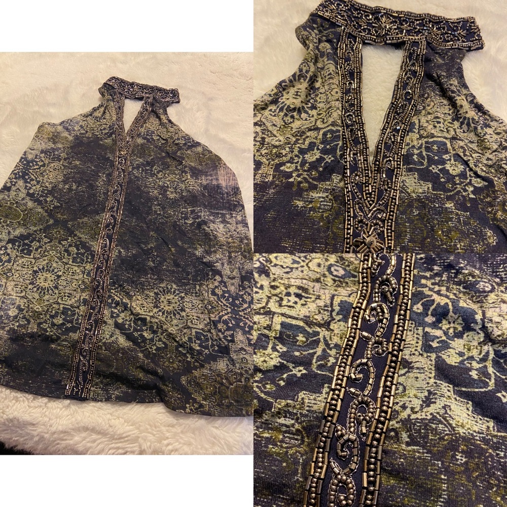 Haute Hippie beaded navy/green multi halter top size S